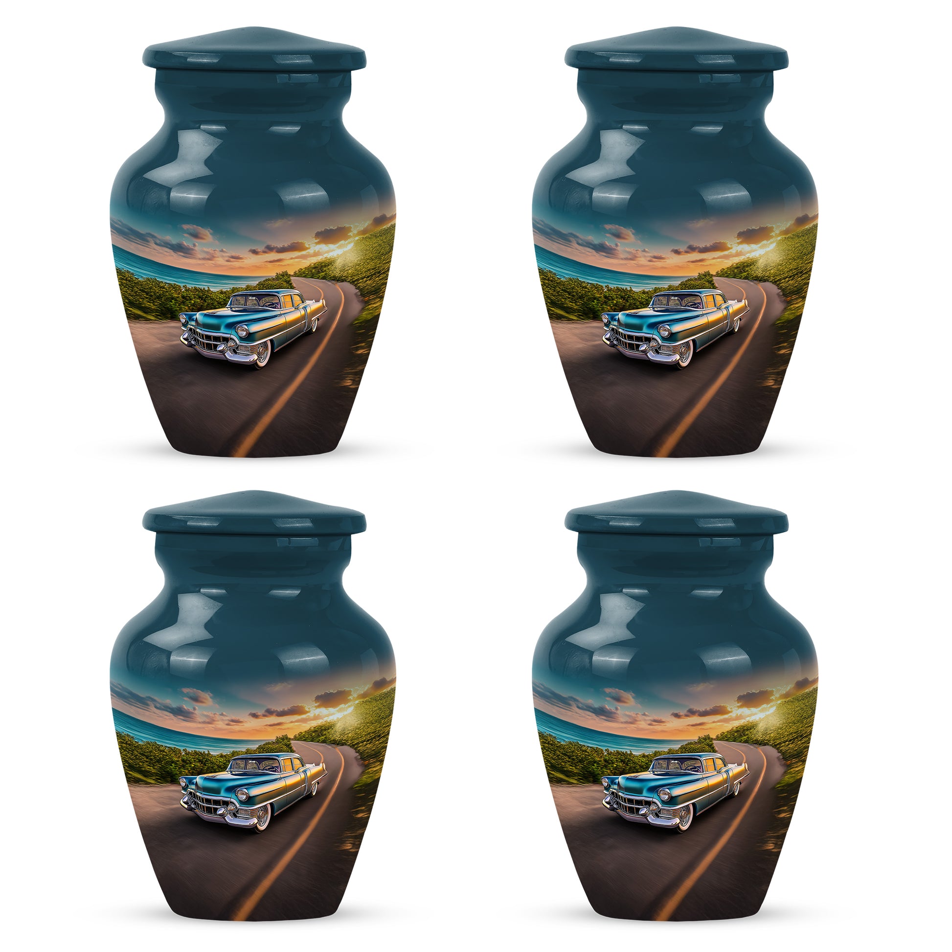 Navy Blue Car Cremation Urn side profile showing urn shape - timeless car motif etched into premium metal - 10 inch aluminum urn for cremated remains