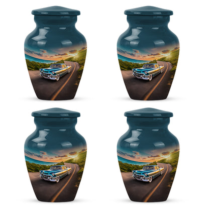 Navy Blue Car Cremation Urn side profile showing urn shape - timeless car motif etched into premium metal - 10 inch aluminum urn for cremated remains