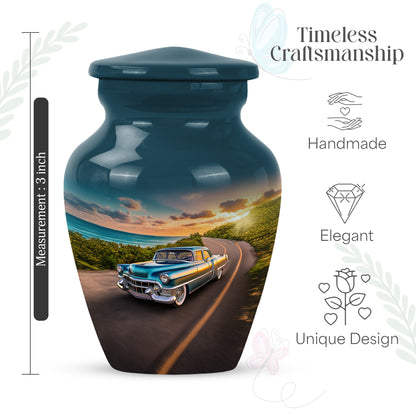 Vivid Blue Car Cremation Urn close-up of engraving and surface detail - elegant classic car relief with fine detailing - mini keepsake memorial for portion of cremation ashes