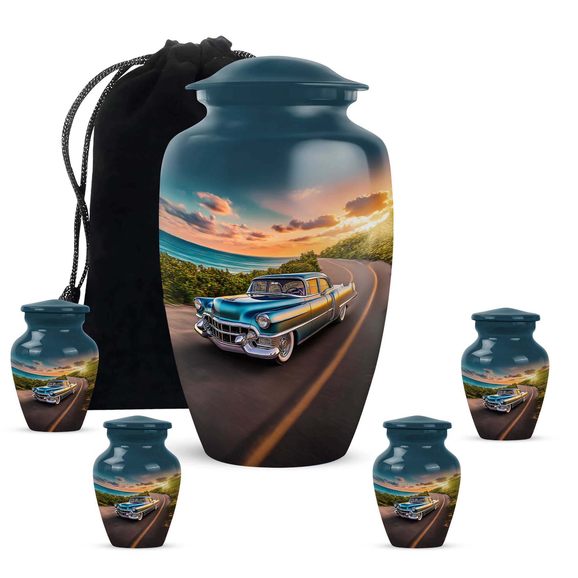 Navy Blue Car Cremation Urn top-down view of secure threaded lid - classic sculpted car pattern on smooth aluminum - memorial set with one large and four small urns