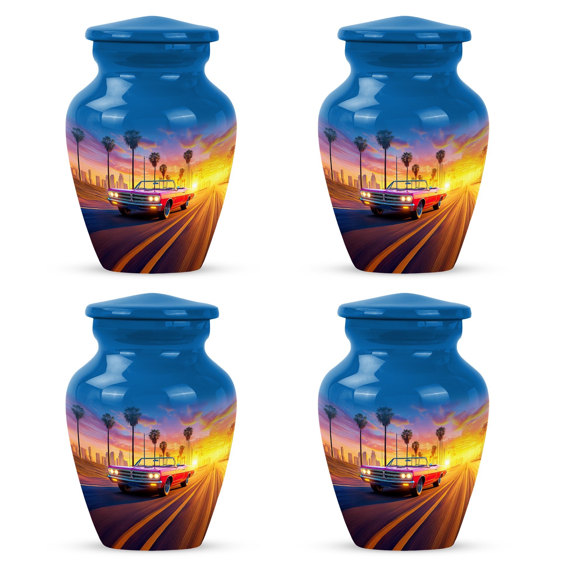 Serene Blue Car Cremation Urn side profile showing urn shape - traditional car engraving with hand-polished finish - 10 inch aluminum urn for cremated remains