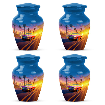 Serene Blue Car Cremation Urn side profile showing urn shape - traditional car engraving with hand-polished finish - 10 inch aluminum urn for cremated remains