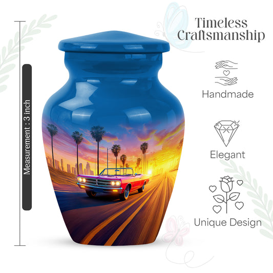 Indigo Car Cremation Urn close-up of engraving and surface detail - timeless car motif etched into premium metal - mini keepsake memorial for portion of cremation ashes