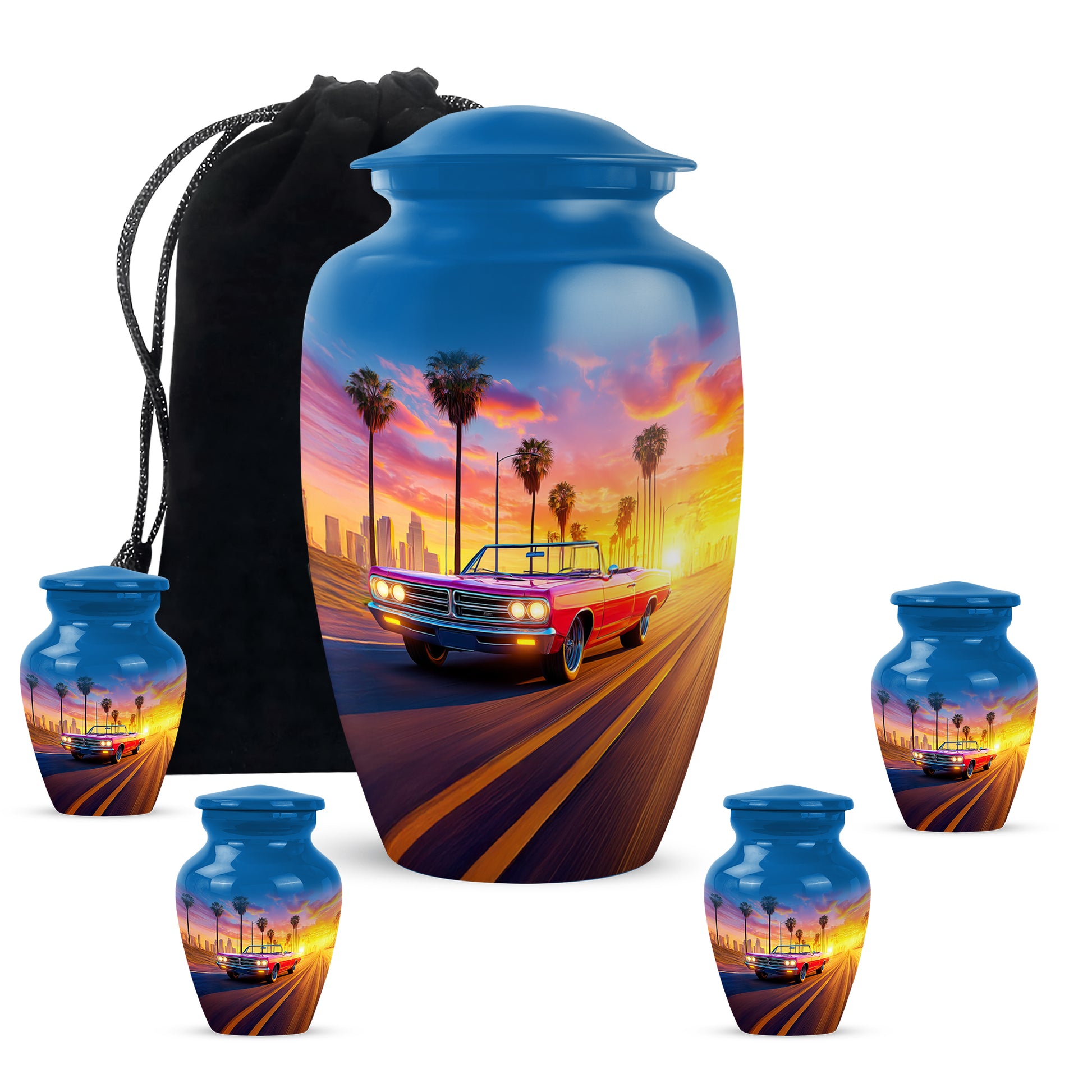 Bright Blue Car Cremation Urn top-down view of secure threaded lid - traditional car engraving with hand-polished finish - memorial set with one large and four small urns