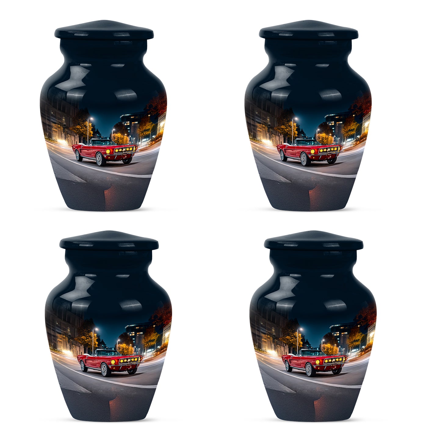 Royal Blue Car Cremation Urn side profile showing urn shape - elegant classic car relief with fine detailing - 10 inch aluminum urn for cremated remains