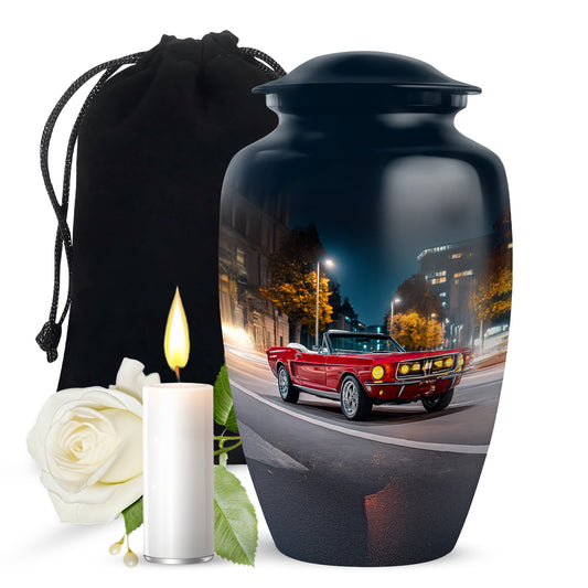 Vivid Blue Car Cremation Urn angled view of lid and engraved motif - traditional car engraving with hand-polished finish - full-size 10 inch 200 cubic inch adult cremation urn