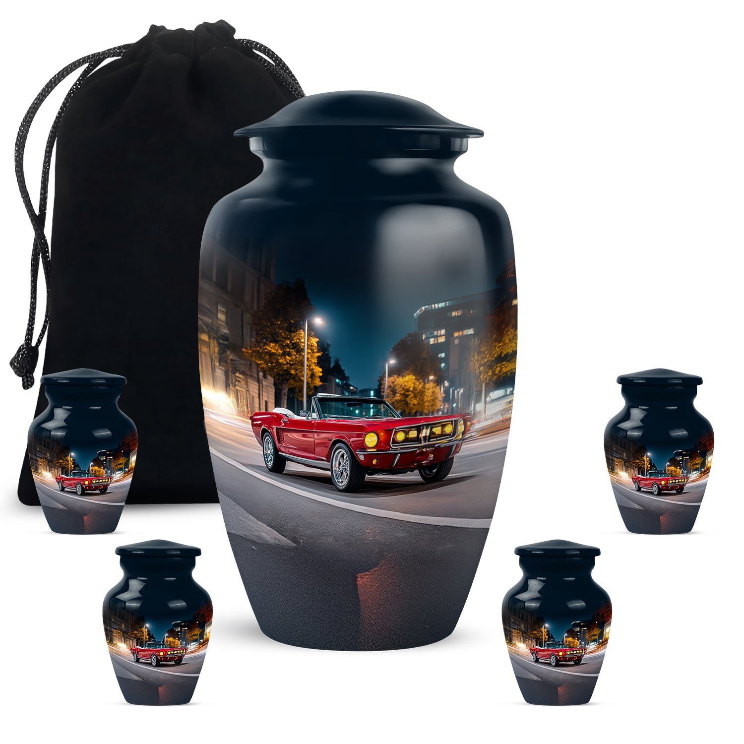 Pastel Blue Car Cremation Urn top-down view of secure threaded lid - classic sculpted car pattern on smooth aluminum - memorial set with one large and four small urns