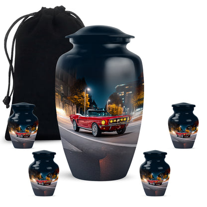 Pastel Blue Car Cremation Urn top-down view of secure threaded lid - classic sculpted car pattern on smooth aluminum - memorial set with one large and four small urns