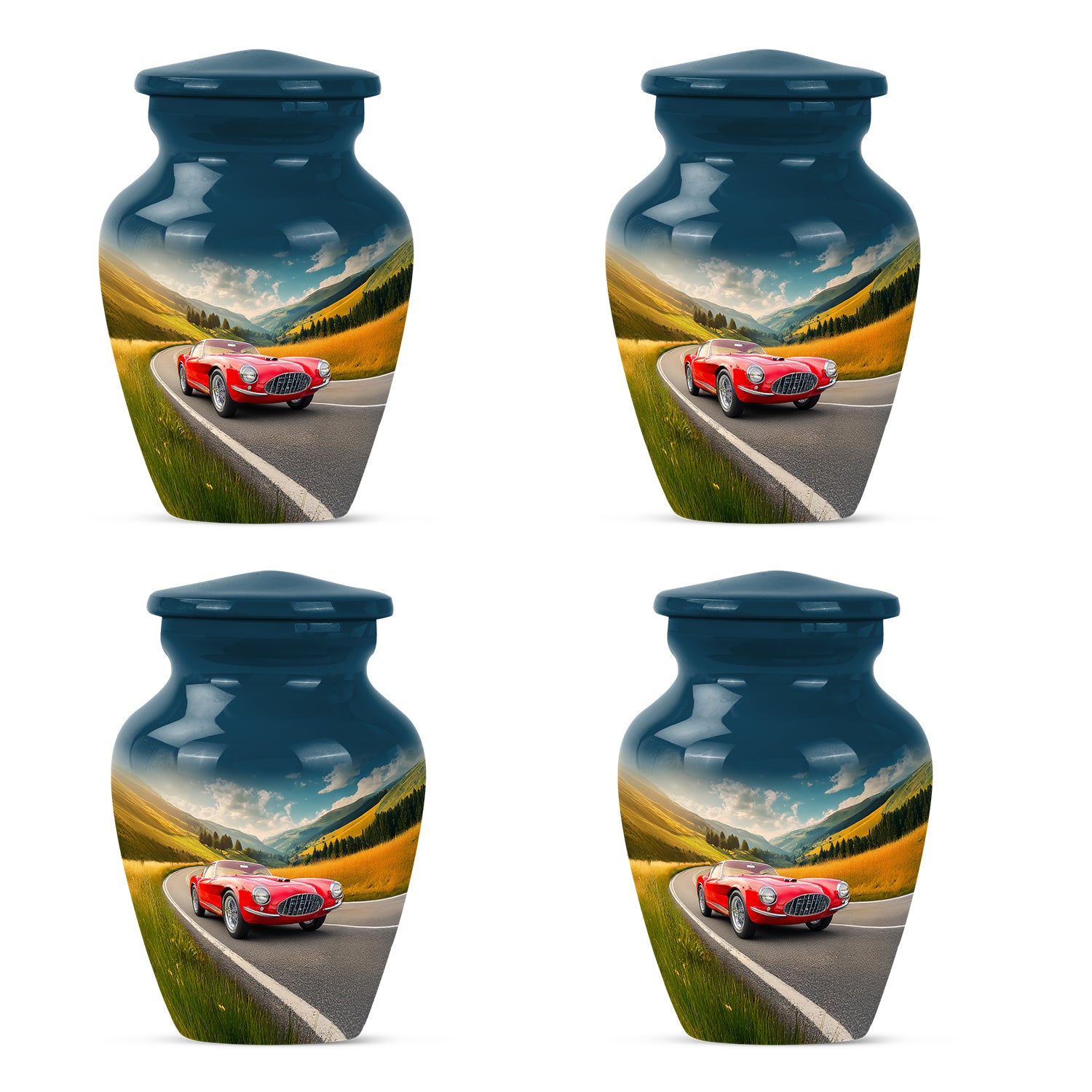 Bright Blue Car Cremation Urn side profile showing urn shape - traditional car engraving with hand-polished finish - 10 inch aluminum urn for cremated remains