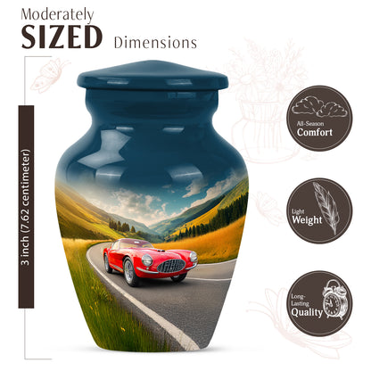 Dusty Blue Car Cremation Urn close-up of engraving and surface detail - timeless car motif etched into premium metal - mini keepsake memorial for portion of cremation ashes
