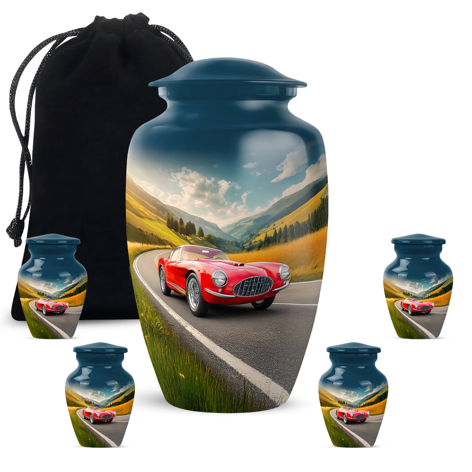 Twilight Blue Car Cremation Urn top-down view of secure threaded lid - traditional car engraving with hand-polished finish - memorial set with one large and four small urns