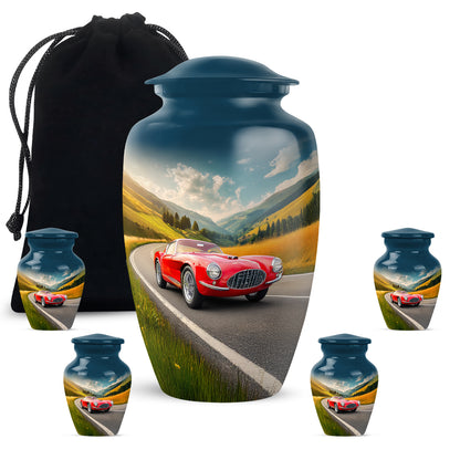 Twilight Blue Car Cremation Urn top-down view of secure threaded lid - traditional car engraving with hand-polished finish - memorial set with one large and four small urns