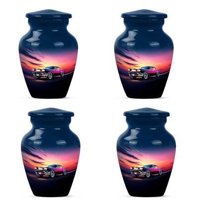 Navy Blue Car Cremation Urn side profile showing urn shape - timeless car motif etched into premium metal - 10 inch aluminum urn for cremated remains