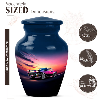 Vivid Blue Car Cremation Urn close-up of engraving and surface detail - traditional car engraving with hand-polished finish - mini keepsake memorial for portion of cremation ashes