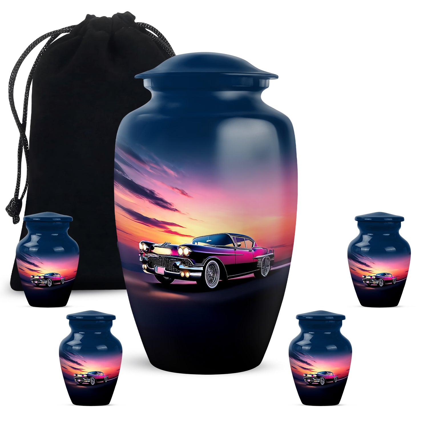 Dusty Blue Car Cremation Urn top-down view of secure threaded lid - timeless car motif etched into premium metal - memorial set with one large and four small urns