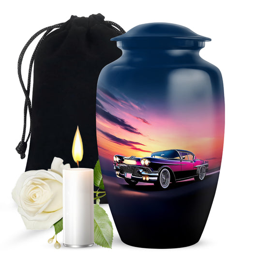 Misty Blue Car Cremation Urn angled view of lid and engraved motif - timeless car motif etched into premium metal - full-size 10 inch 200 cubic inch adult cremation urn