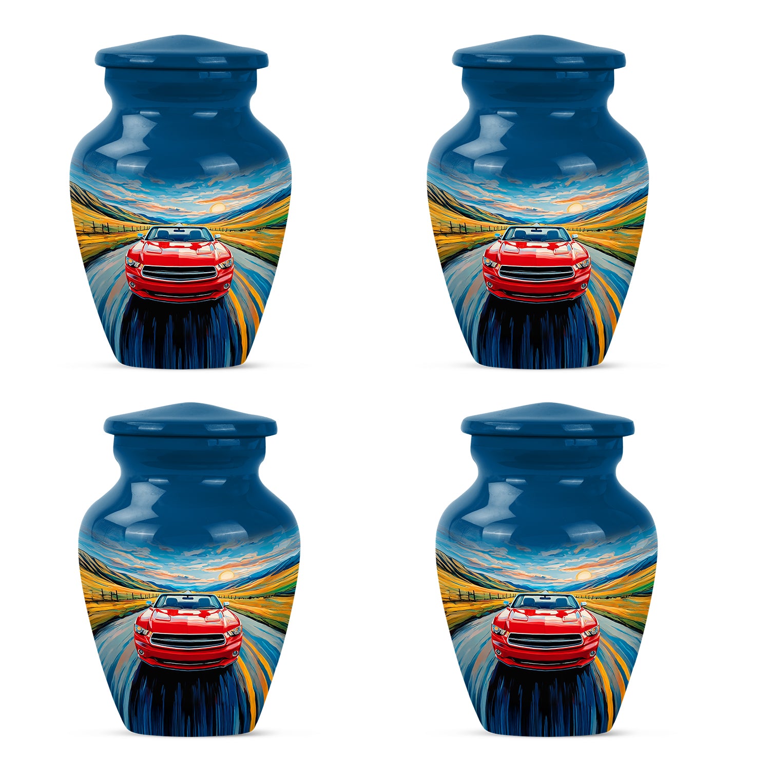 Royal Blue Car Cremation Urn side profile showing urn shape - elegant classic car relief with fine detailing - 10 inch aluminum urn for cremated remains
