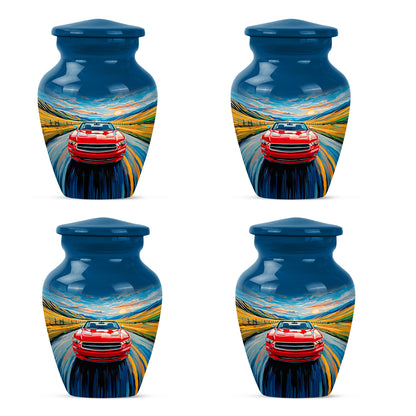 Royal Blue Car Cremation Urn side profile showing urn shape - elegant classic car relief with fine detailing - 10 inch aluminum urn for cremated remains