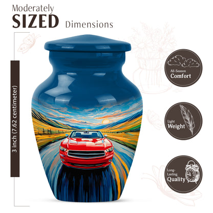 Serene Blue Car Cremation Urn close-up of engraving and surface detail - elegant classic car relief with fine detailing - mini keepsake memorial for portion of cremation ashes