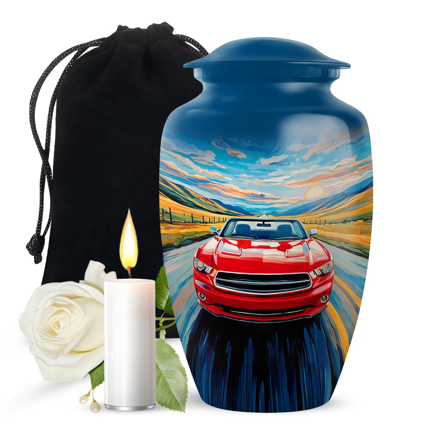 Cobalt Blue Car Cremation Urn angled view of lid and engraved motif - traditional car engraving with hand-polished finish - full-size 10 inch 200 cubic inch adult cremation urn