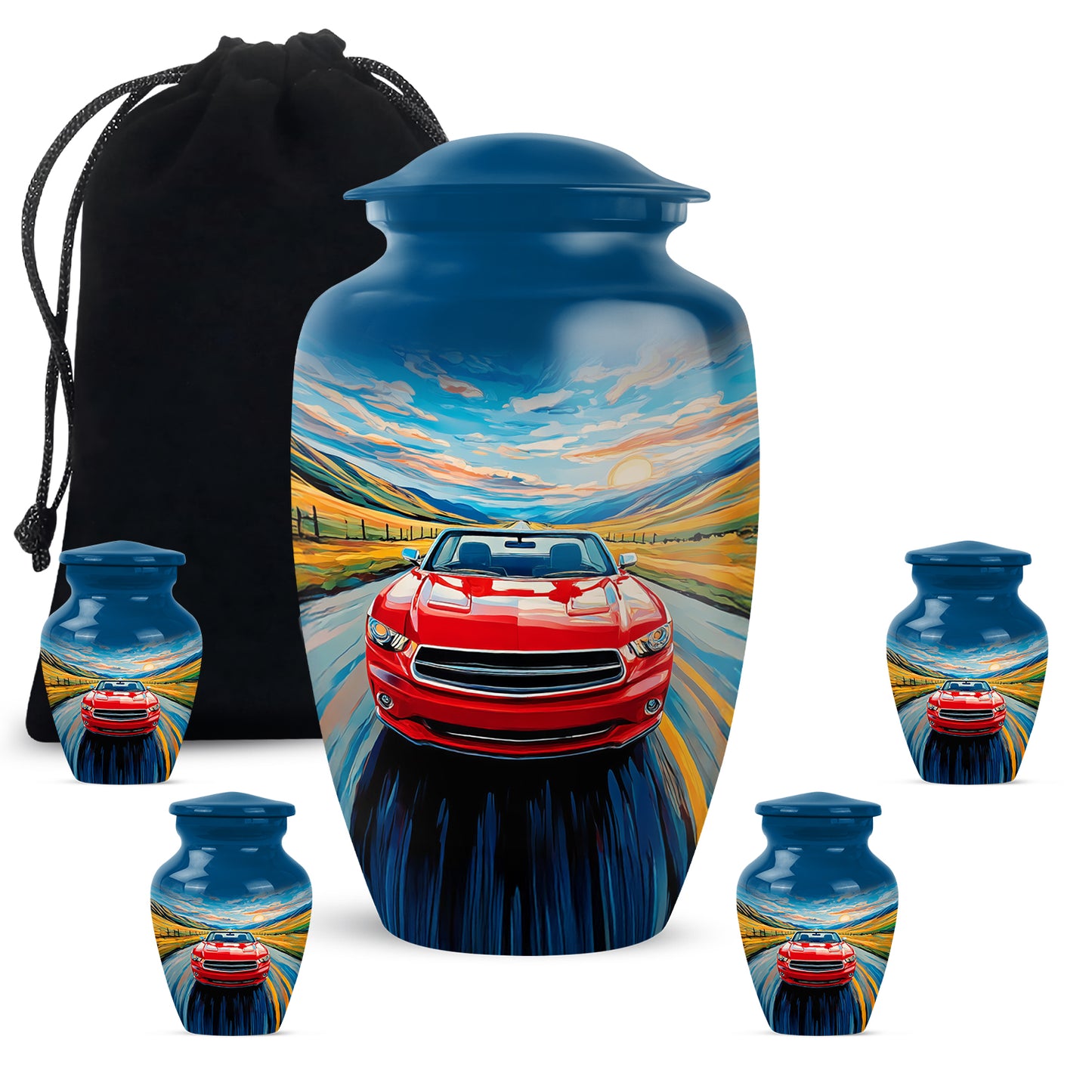Sapphire Blue Car Cremation Urn top-down view of secure threaded lid - elegant classic car relief with fine detailing - memorial set with one large and four small urns