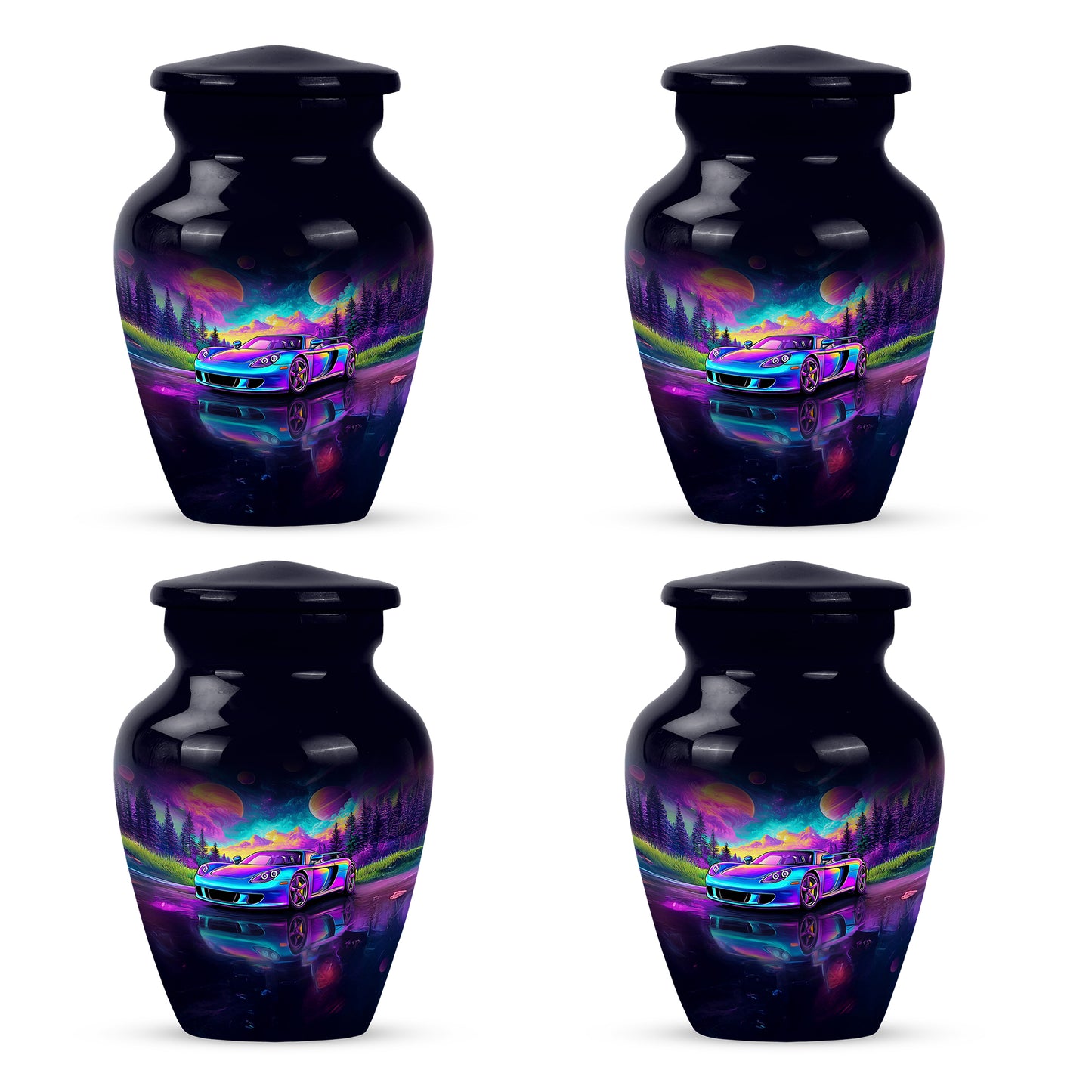 Celestial Blue Car Cremation Urn side profile showing urn shape - classic sculpted car pattern on smooth aluminum - 10 inch aluminum urn for cremated remains