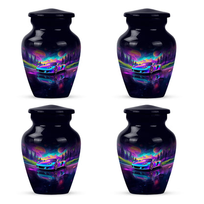 Celestial Blue Car Cremation Urn side profile showing urn shape - classic sculpted car pattern on smooth aluminum - 10 inch aluminum urn for cremated remains