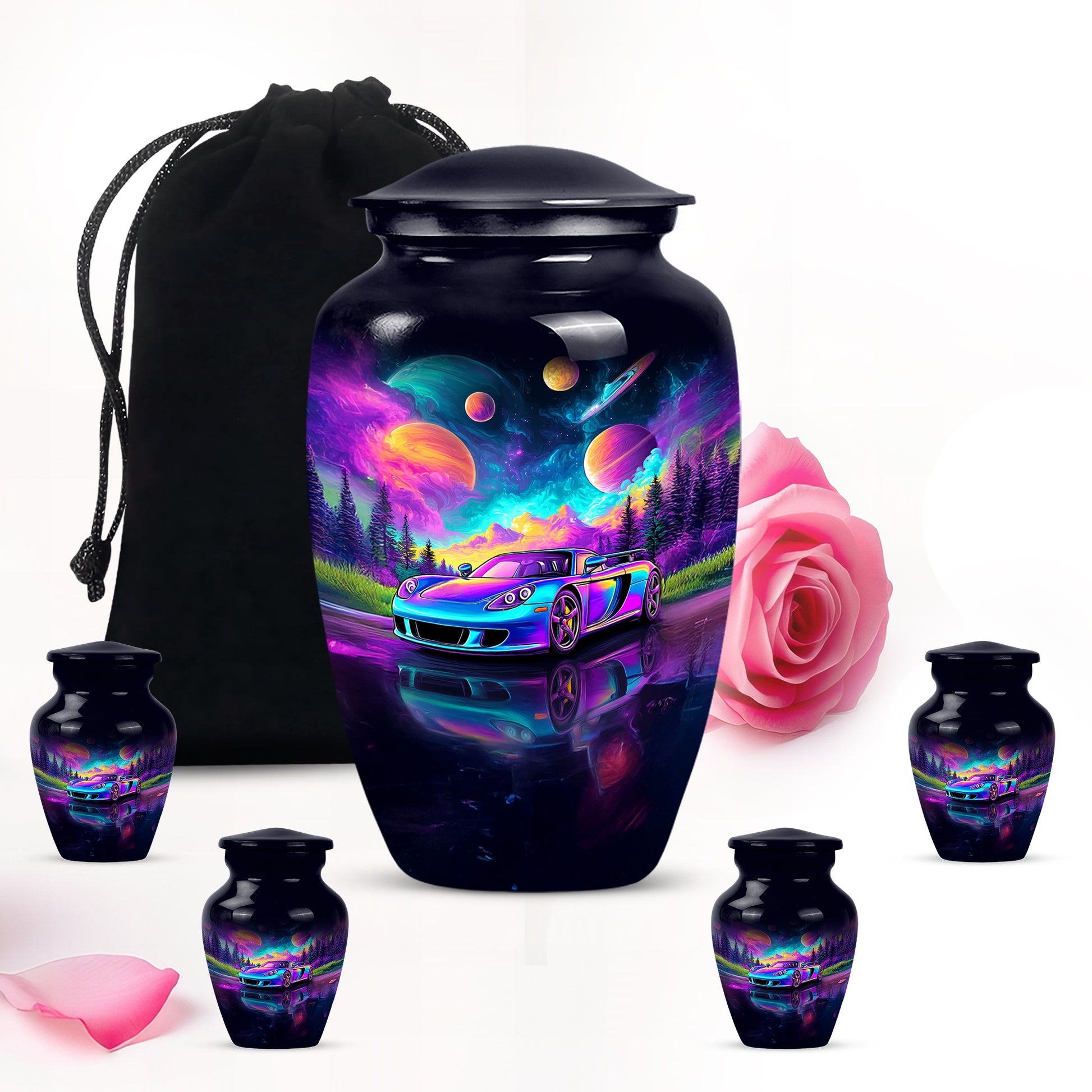 Azure Car Cremation Urn top-down view of secure threaded lid - classic sculpted car pattern on smooth aluminum - memorial set with one large and four small urns