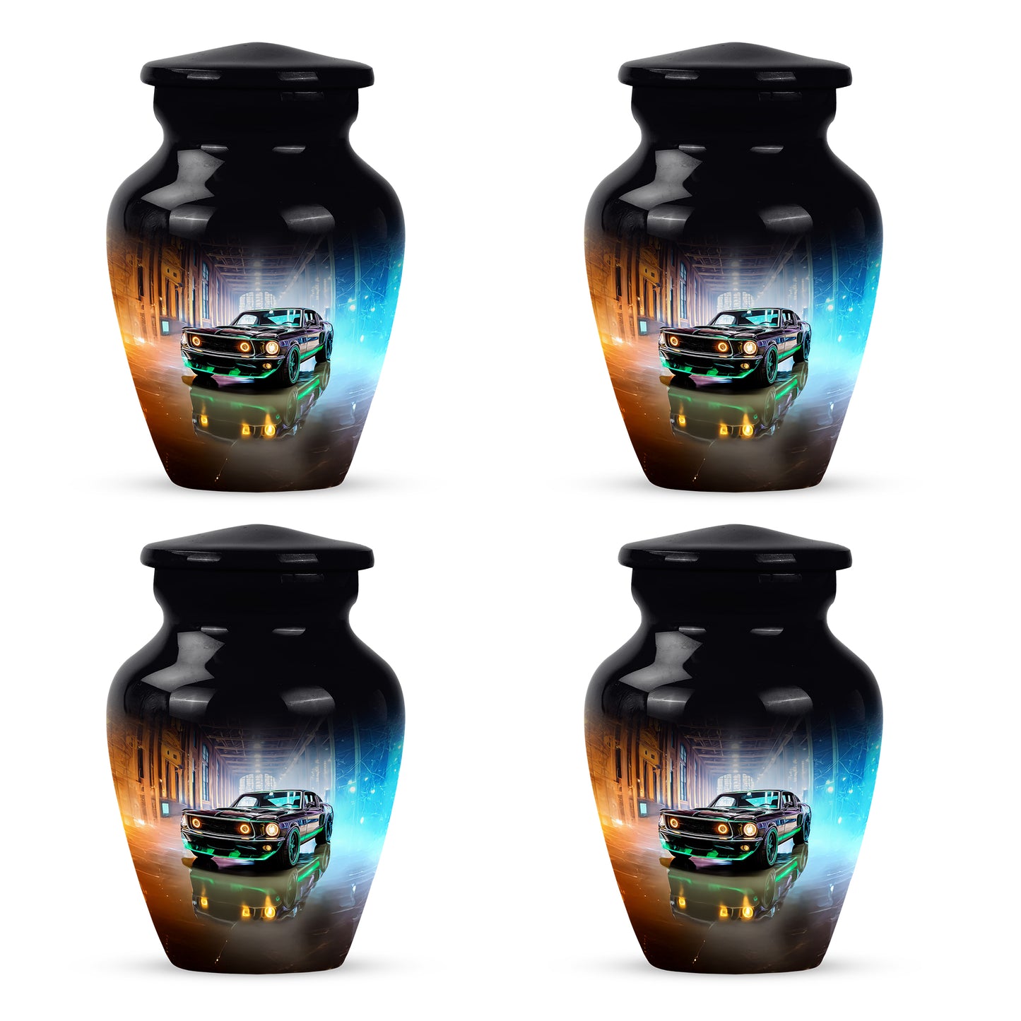 Glossy Black Car Cremation Urn side profile showing urn shape - classic sculpted car pattern on smooth aluminum - 10 inch aluminum urn for cremated remains