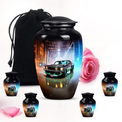 Jet Black Car Cremation Urn top-down view of secure threaded lid - timeless car motif etched into premium metal - memorial set with one large and four small urns