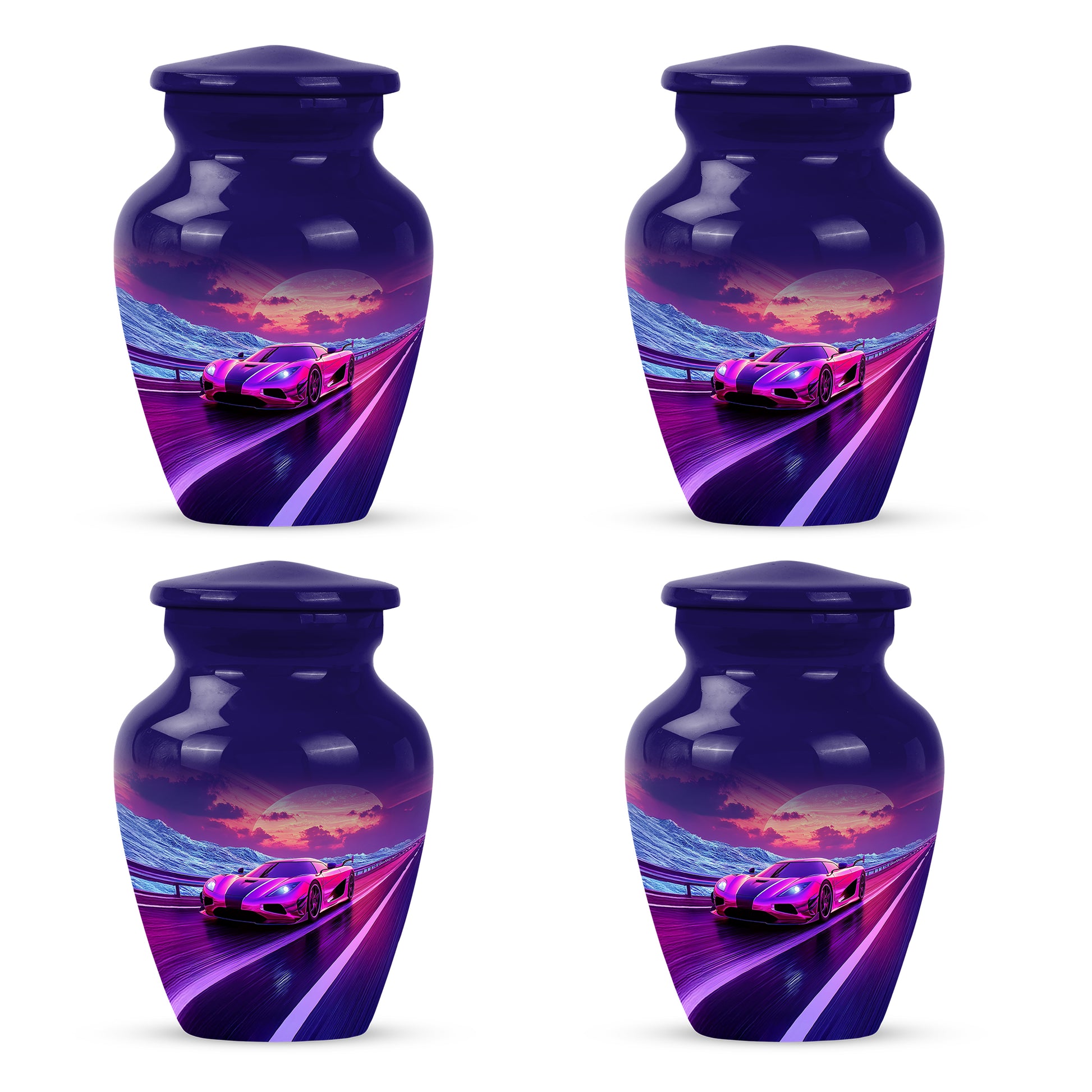 Royal Blue Car Cremation Urn side profile showing urn shape - traditional car engraving with hand-polished finish - 10 inch aluminum urn for cremated remains