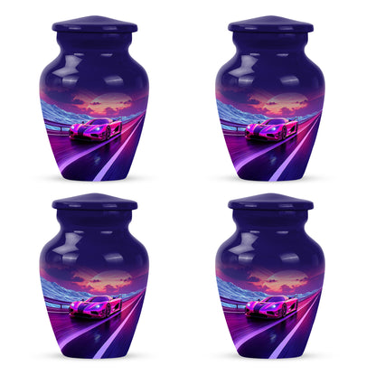Royal Blue Car Cremation Urn side profile showing urn shape - traditional car engraving with hand-polished finish - 10 inch aluminum urn for cremated remains
