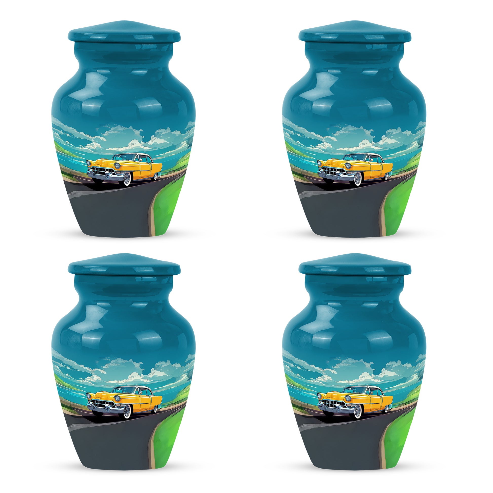 Sea Green Teal Car Cremation Urn side profile showing urn shape - classic sculpted car pattern on smooth aluminum - 10 inch aluminum urn for cremated remains