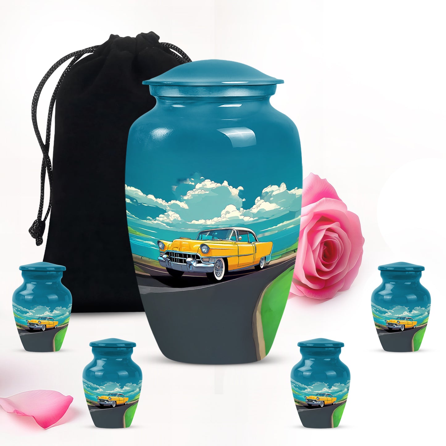 Aqua Teal Car Cremation Urn top-down view of secure threaded lid - elegant classic car relief with fine detailing - memorial set with one large and four small urns