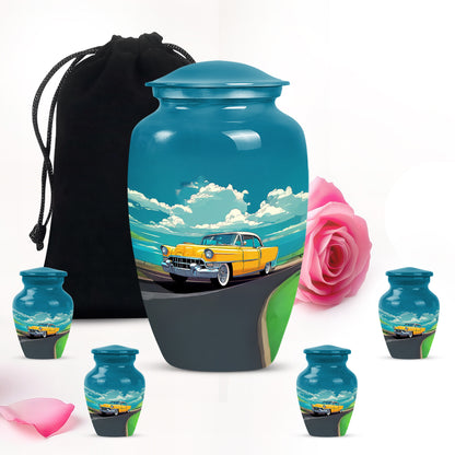 Aqua Teal Car Cremation Urn top-down view of secure threaded lid - elegant classic car relief with fine detailing - memorial set with one large and four small urns