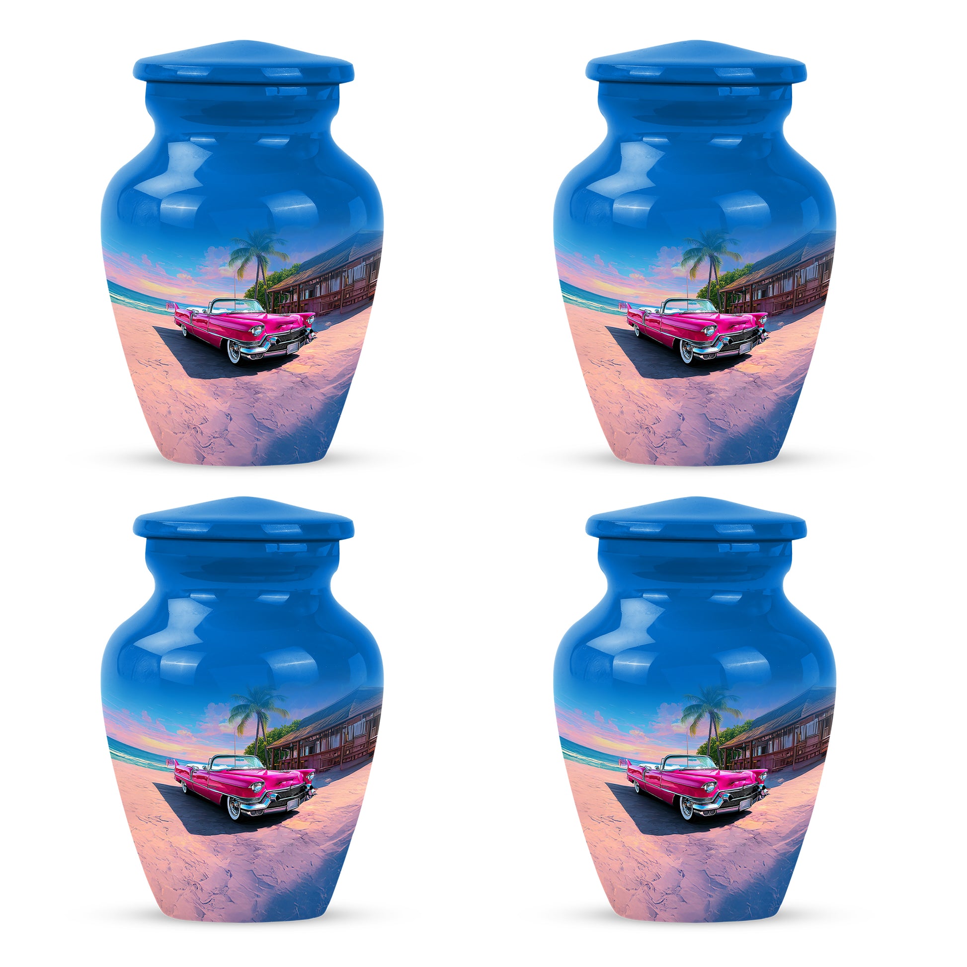 Serene Blue Car Cremation Urn side profile showing urn shape - traditional car engraving with hand-polished finish - 10 inch aluminum urn for cremated remains