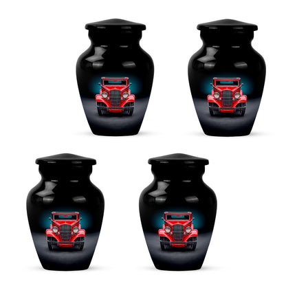 Glossy Black Car Cremation Urn side profile showing urn shape - timeless car motif etched into premium metal - 10 inch aluminum urn for cremated remains
