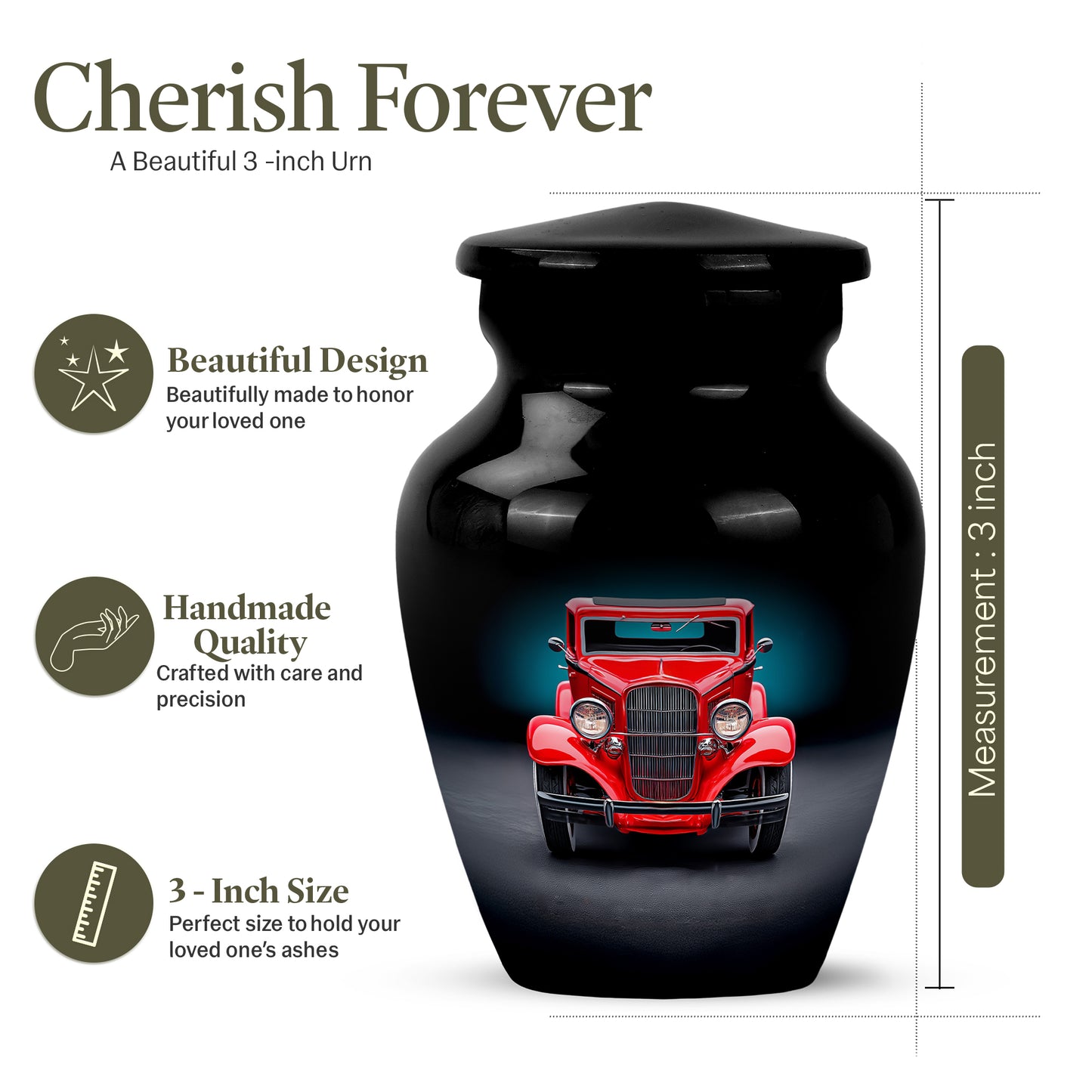 Dark Black Car Cremation Urn close-up of engraving and surface detail - elegant classic car relief with fine detailing - mini keepsake memorial for portion of cremation ashes