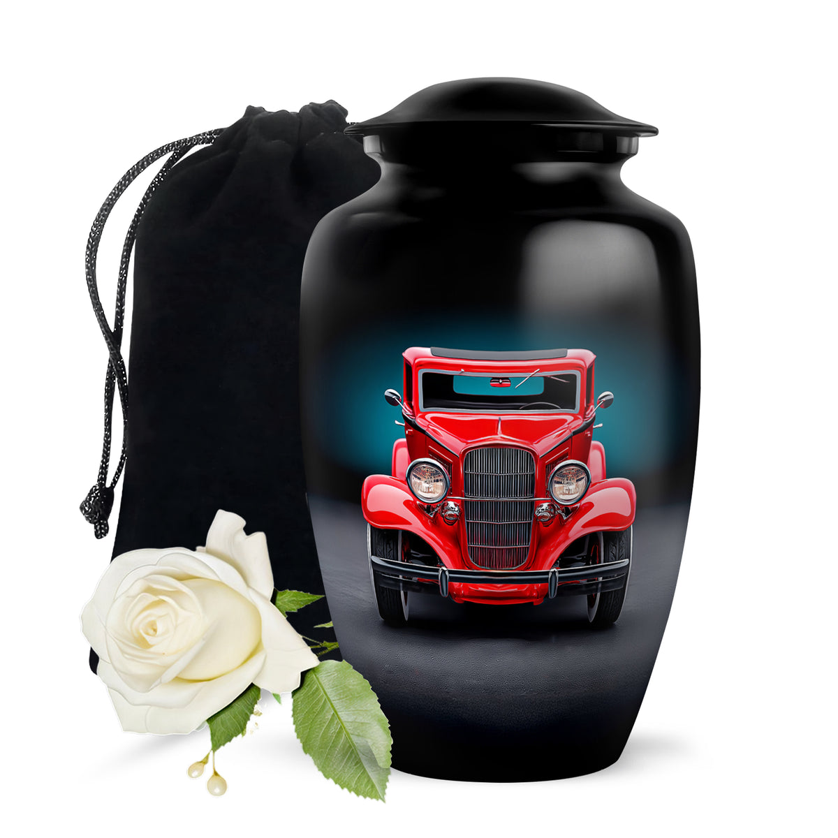 Deep Black Car Cremation Urn angled view of lid and engraved motif - classic sculpted car pattern on smooth aluminum - full-size 10 inch 200 cubic inch adult cremation urn
