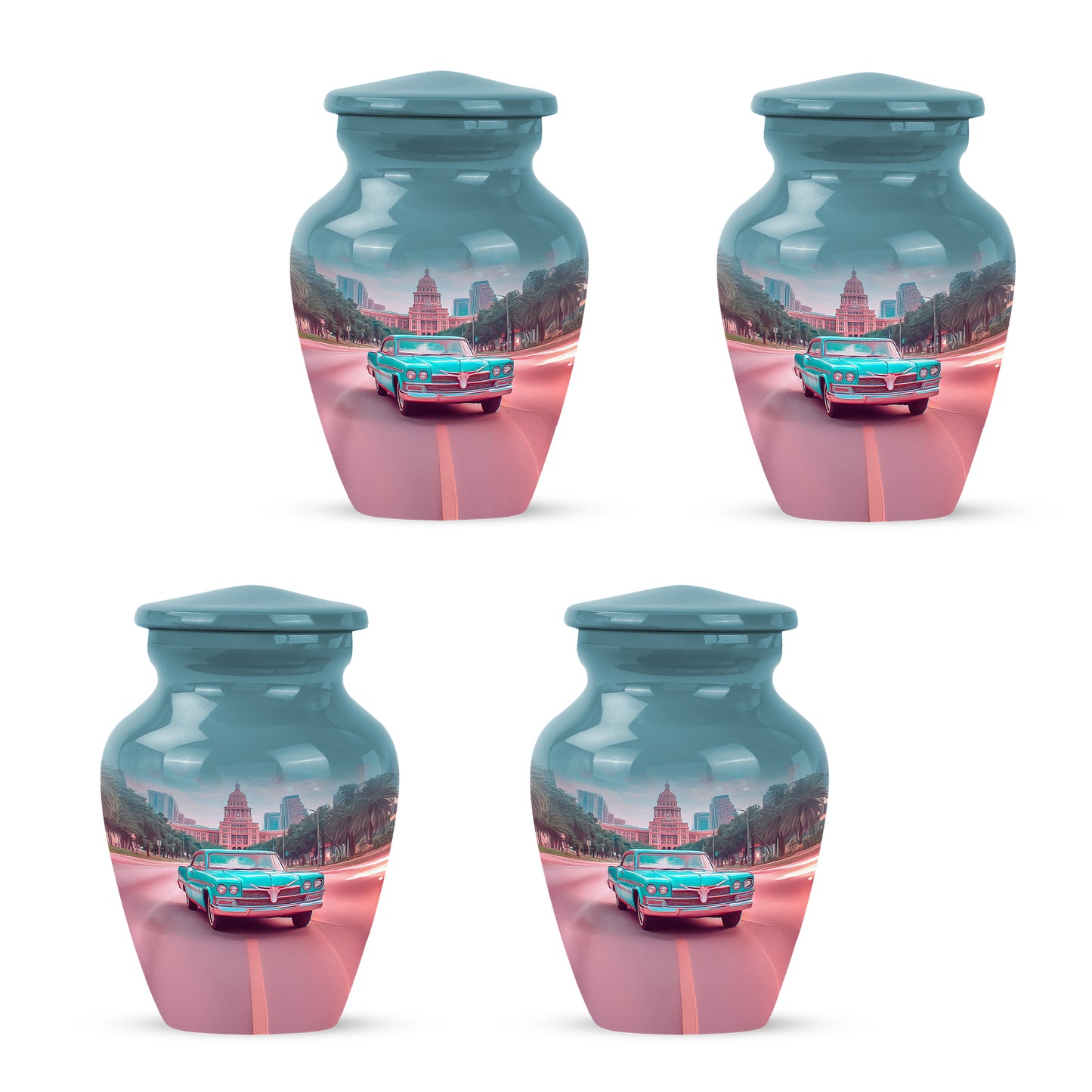 Vivid Teal Car Cremation Urn side profile showing urn shape - traditional car engraving with hand-polished finish - 10 inch aluminum urn for cremated remains