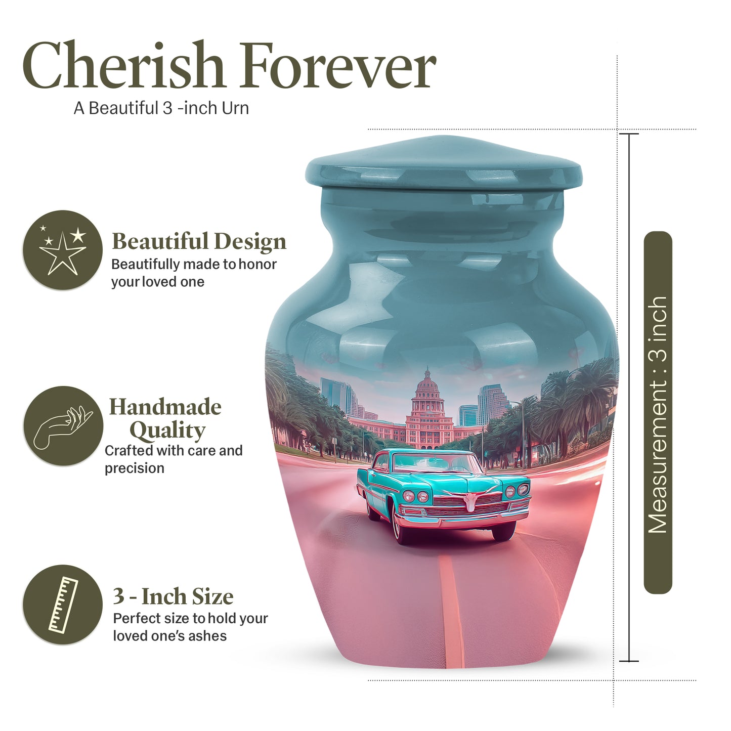 Cool Teal Car Cremation Urn close-up of engraving and surface detail - timeless car motif etched into premium metal - mini keepsake memorial for portion of cremation ashes