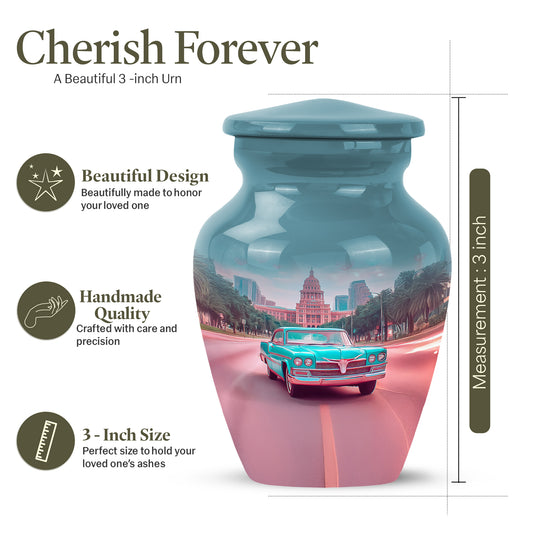 Cool Teal Car Cremation Urn close-up of engraving and surface detail - timeless car motif etched into premium metal - mini keepsake memorial for portion of cremation ashes