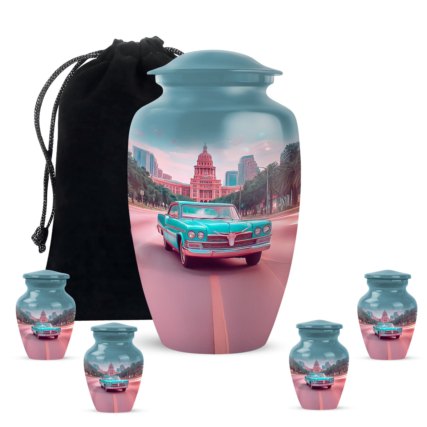 Cool Teal Car Cremation Urn top-down view of secure threaded lid - classic sculpted car pattern on smooth aluminum - memorial set with one large and four small urns