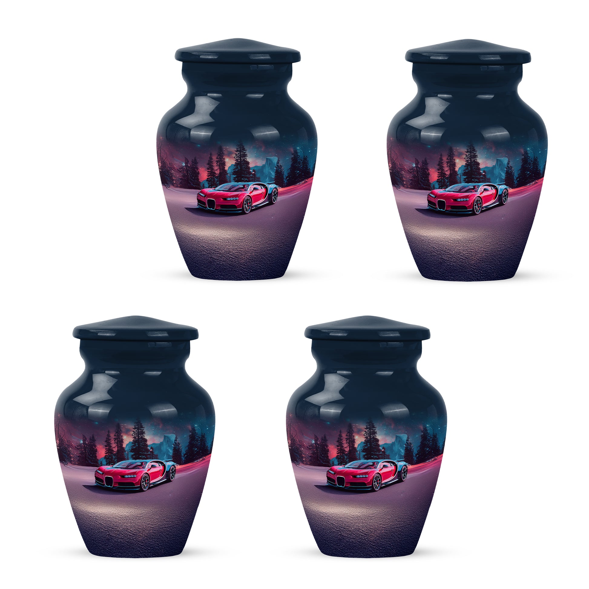 Celestial Blue Car Cremation Urn side profile showing urn shape - timeless car motif etched into premium metal - 10 inch aluminum urn for cremated remains