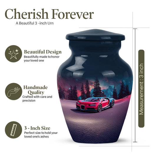 Celestial Blue Car Cremation Urn close-up of engraving and surface detail - classic sculpted car pattern on smooth aluminum - mini keepsake memorial for portion of cremation ashes