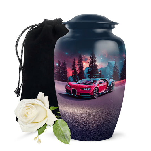 Calming Blue Car Cremation Urn angled view of lid and engraved motif - traditional car engraving with hand-polished finish - full-size 10 inch 200 cubic inch adult cremation urn