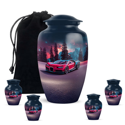 Steel Blue Car Cremation Urn top-down view of secure threaded lid - traditional car engraving with hand-polished finish - memorial set with one large and four small urns
