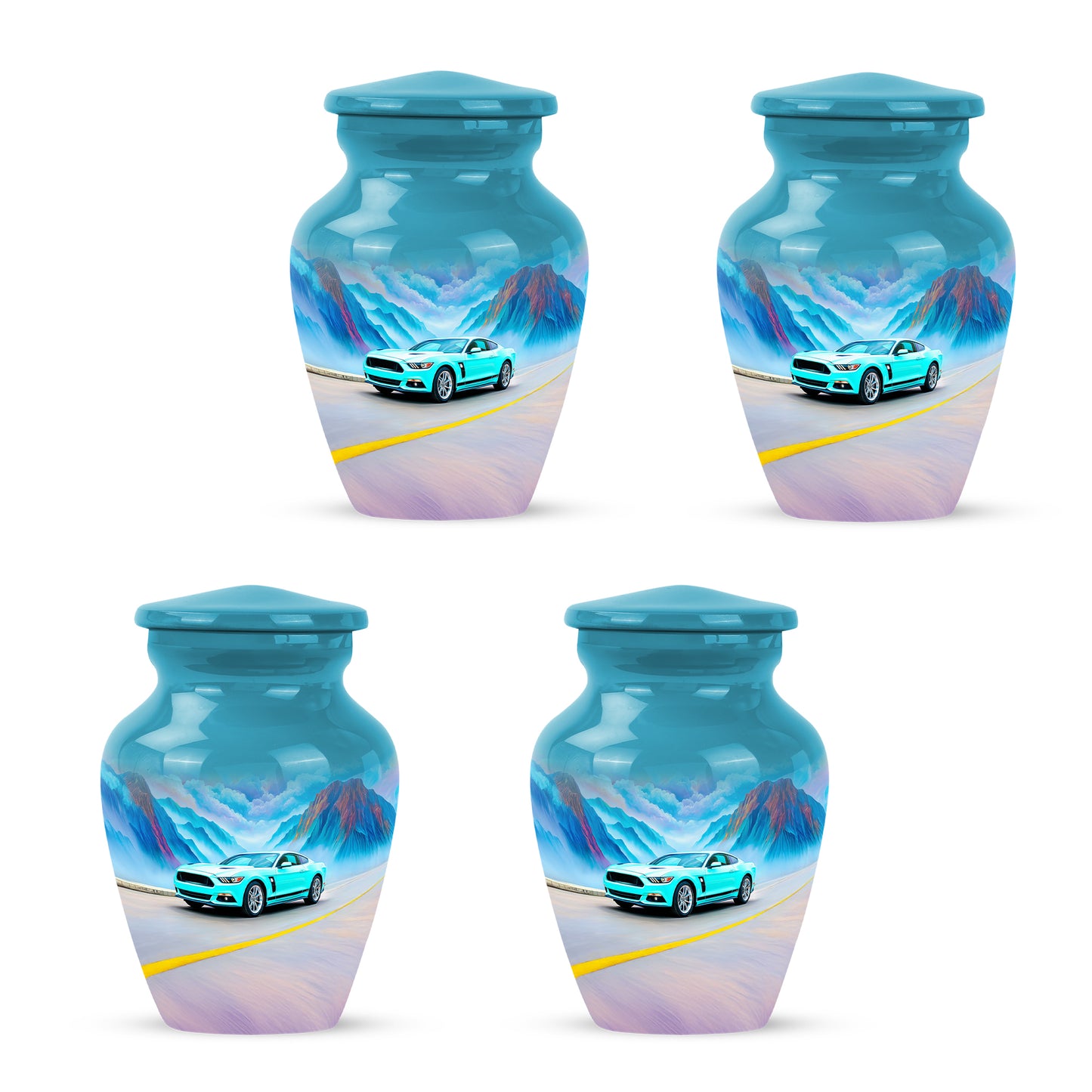 Ocean Teal Car Cremation Urn side profile showing urn shape - timeless car motif etched into premium metal - 10 inch aluminum urn for cremated remains