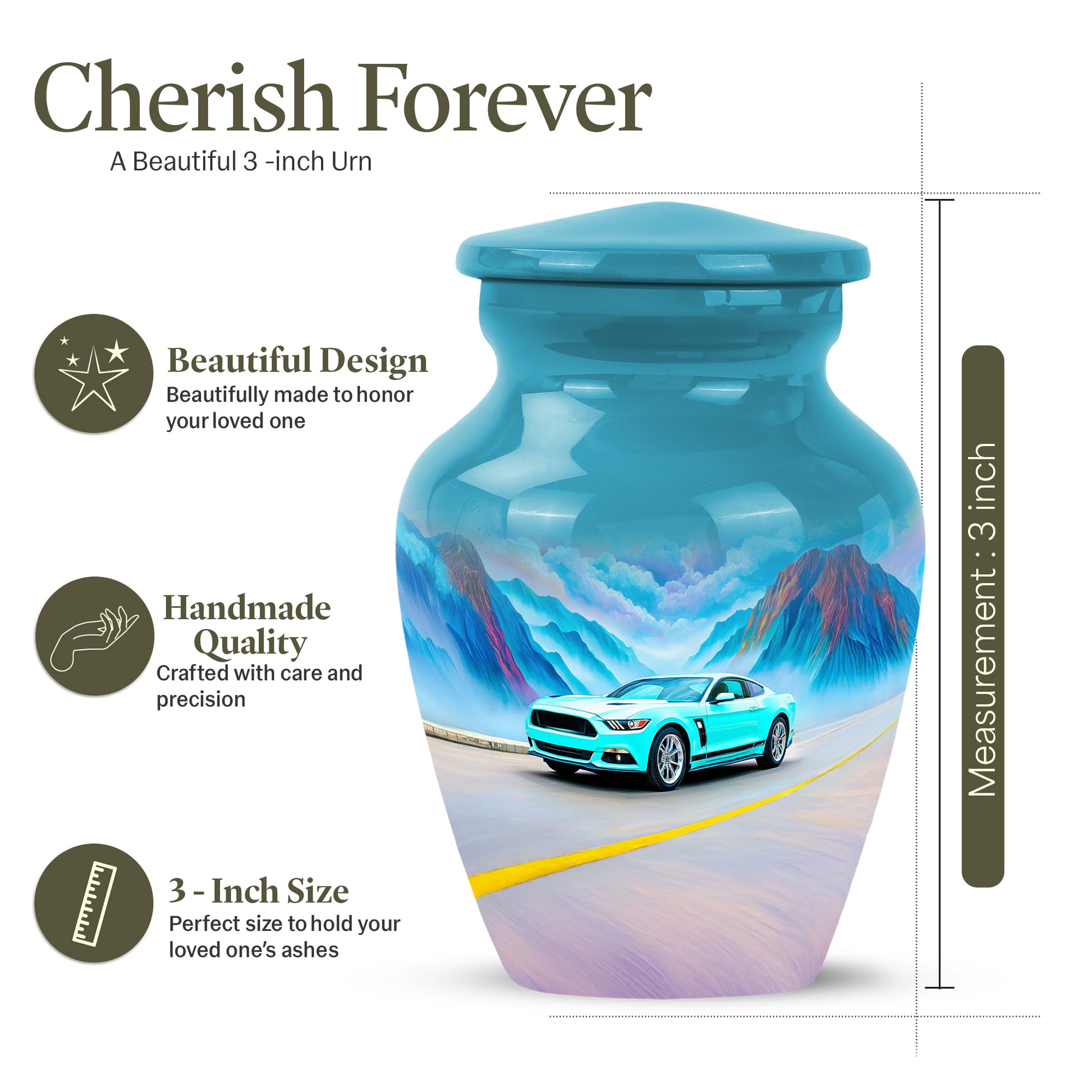 Vivid Teal Car Cremation Urn close-up of engraving and surface detail - elegant classic car relief with fine detailing - mini keepsake memorial for portion of cremation ashes