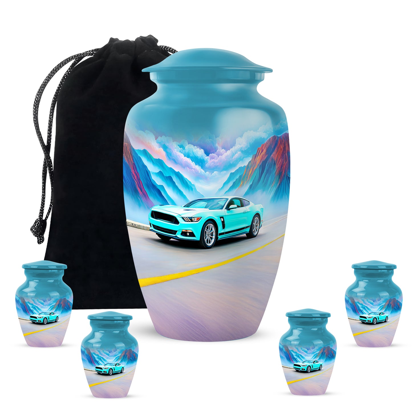Deep Teal Car Cremation Urn top-down view of secure threaded lid - elegant classic car relief with fine detailing - memorial set with one large and four small urns